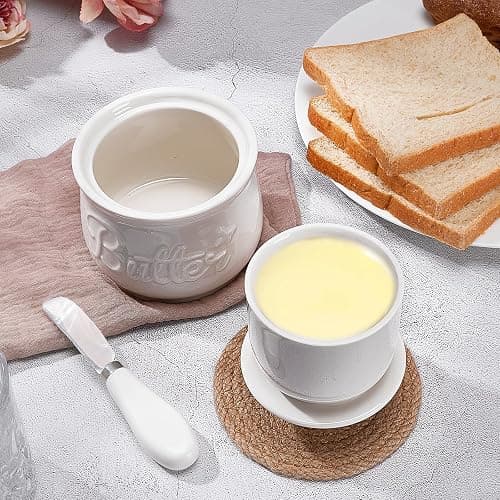 Beurrier Français, Beurrier à Eau en Céramique avec Couvercle et Couteau, Refroidi à l'eau, Pot à Beurre avec Ligne d'Eau pour Beurre Frais à Tartiner thumbnail 7