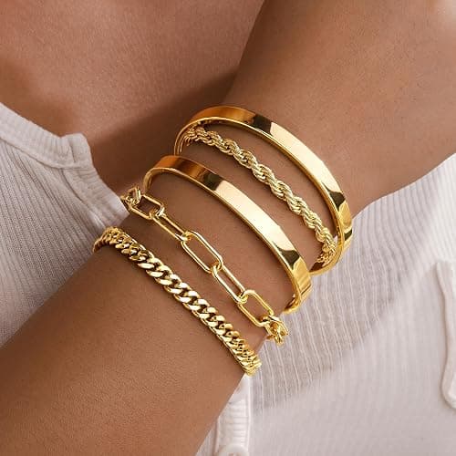 Gokeey Christmas Gold Bracelets for Women Non Tarnish, 14K Gold Plated Chunky Cuff Bracelet Stackable Gold Bangles Bracelet for Women Trendy Tie Knot Cuban Rope Paperclip Beaded Bracelet Stack Jewelry Stocking Stuffer Gifts Fashion Accessories thumbnail 2