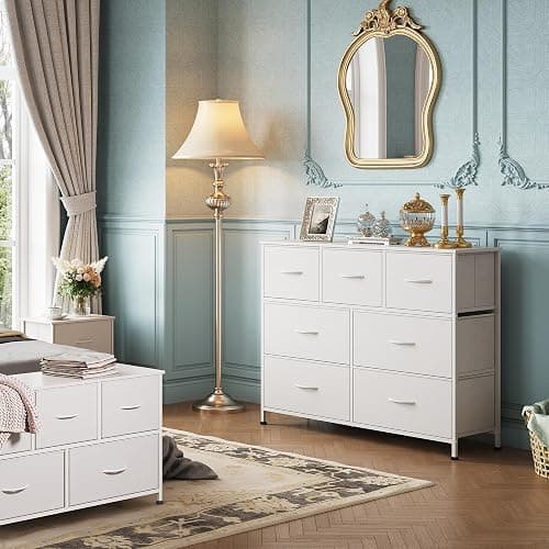 WLIVE 7 Drawer Dresser TV Stand, Dressers for Bedroom, Fabric Storage Tower, Hallway, Entryway, Closets, Sturdy Steel Frame, Wood Top, Easy Pull Handle, White thumbnail 4