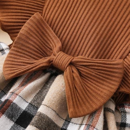 Newborn Baby Girl Fall Winter Outfit Set Plaid Romper Dress Ruffles Long Sleeve Clothes Jumpsuit with Bow Headband thumbnail 5