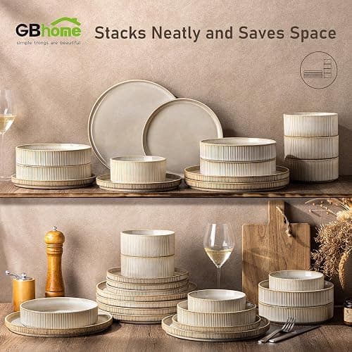 GBHOME Stoneware Dinnerware Sets for 4,12-Piece Plates and Bowls Set | Handmade Reactive Glaze Ceramic Dish Set, Scratch Resistant, Dishwasher&Microwave Safe,Cappuccino thumbnail 8