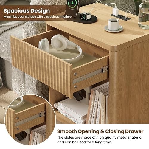 Fluted Nightstand Set of 2 with Charging Station, 21.7" Wide Modern Bedside Table with 1 Drawers Open Storage Cabinet, Wooden End Table for Bedroom, Natural Oak thumbnail 5
