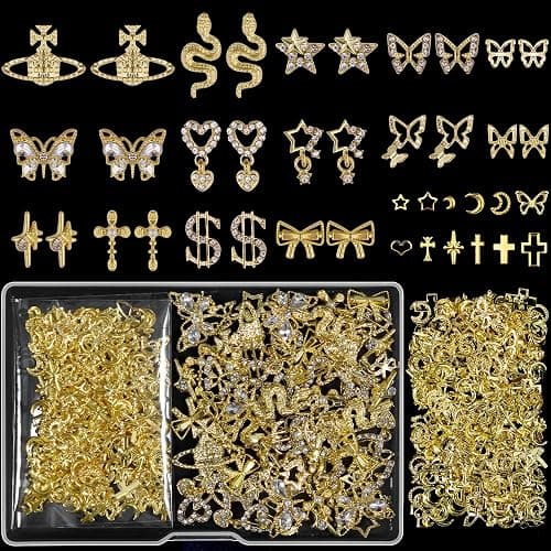 Artdone Nail Art Studs Kit, 3D Gold Cross Nail Charms and Diamond Butterfly Gems Bulk Nail Jewels Shiny Star and Moon for DIY Professional Manicures Decoration - Image 1