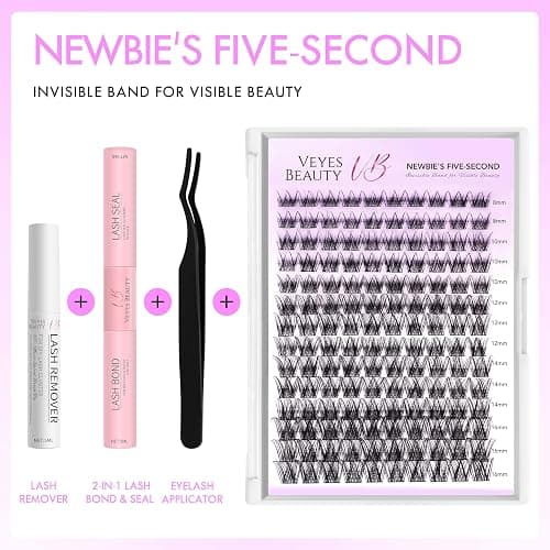 VEYESBEAUTY Lash Clusters Kit Individual Eyelash Extensions Thin & Invisible Band DIY False Eyelashes Newbie's Five-Second Series Wispy Lash Tray, LuxeBold KIT with Bond&Seal Remover Applicator thumbnail 2