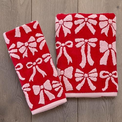 SKL Home Bow Jacquard 100% Cotton Premium 2-Piece Hand Towel Set, 500 GSM, Reversible, Soft & Absorbent, Everyday/Christmas/Winter/Valentine's, Decorative for Bath/Kitchen/Bar, Red/Pink thumbnail 4