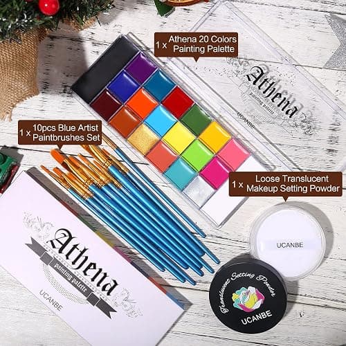 UCANBE Athena Face Body Paint Oil Palette + Translucent Setting Powder + 10PCS Brushes Set, Professional Non Toxic Face Painting Pallet Kit for Halloween SFX Cosplay Clown Makeup for Women Adults thumbnail 2
