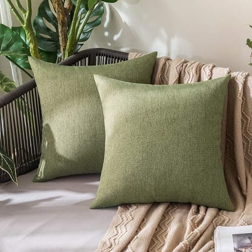 MIULEE Pack of 2 Decorative Outdoor Solid Waterproof Throw Pillow Covers Christmas Faux Linen Garden Farmhouse Cushion Cases for Patio Tent Balcony Couch Sofa 18x18 Inch Dark Green - Image 1
