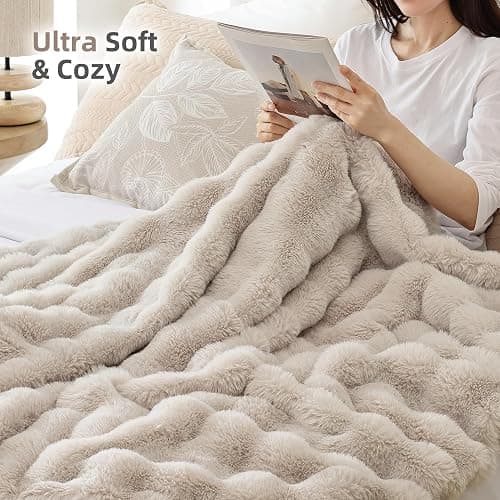 Smoofy Faux Fur Throw Blanket for Couch Rabbit Fleece - Linen Fluffy Blanket for Sofa Bedroom Living Room, Cozy Soft Plush Luxury Thick Winter Fuzzy Comfy Bubble Blanket - 50" x 60" thumbnail 5