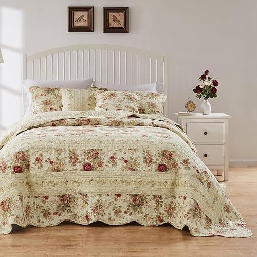 Greenland Home Antique Rose Jumbo Oversized 100% Cotton Bedding Set, Bedspread 110 W x 118 L with 2 Shams 20 W x 26 L Each, Queen (3 Piece), Ecru thumbnail 3