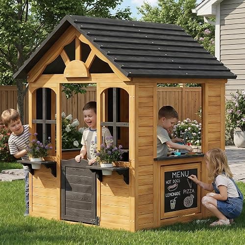 Aoxun Kids Outdoor Playhouse Wood Play House for Kids Ages 3-8 withPet Door | Backyard Cottage Playhouse with Play Kitchen,Snack Bar,Blackboards,Flowerpots,Children Toddler Playground Playset for Garden thumbnail 2