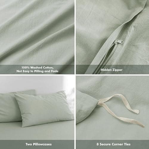 FOSSA Duvet Cover Set 100% Washed Cotton Linen Feel Super Soft Breathable Cozy 3 Pieces Bedding Sets Solid Sage Green Full/Double thumbnail 6