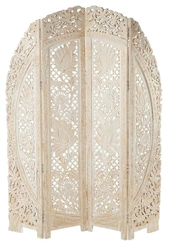 Deco 79 Wood Floral Handmade Foldable Arched Partition 4 Panel Privacy Screen with Intricately Carved Designs, Room Divider 60" x 2" x 72", White - Image 1