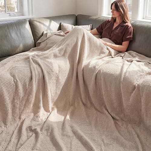 Bedsure 100% Cotton Big Oversized King Blanket, Waffle Weave, Beige | Breathable, Soft, Cozy, Thick, Waffle Texture, Fall, Summer Blanket for Bed, Gifts for Women, Machine Washable, 120"X94" thumbnail 4