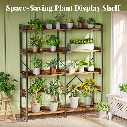 Huuger 5 Tier Bookshelf, Display Bookshelf with 10 Open Shelves and Raised Baffle, 47.2 Inch Straight Wide Bookcase with Metal Frame and Wooden Board, Adjustable Feet, Rustic Brown thumbnail 3