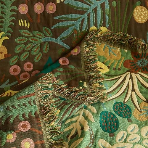 Boho Throw Blanket for Bed 100% Cotton Soft Lightweight Quilt Blanket Twin Forest Tiger Embroidery Home Decor Breathable Bed Blankets,60"×80" All Season Throw for Sofa Couch Chair thumbnail 9