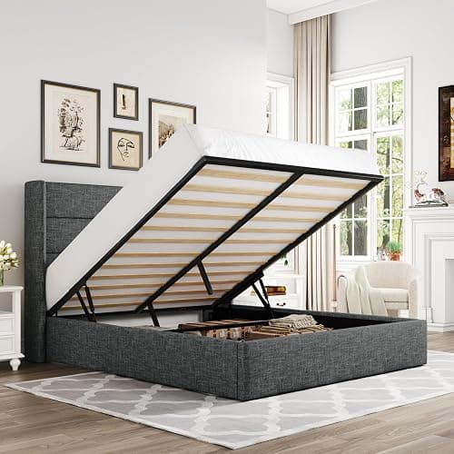 Allewie Queen Size Lift Up Storage Bed, Modern Wingback Headboard, Hydraulic Support, No Box Spring Needed, Dark Grey - Image 1