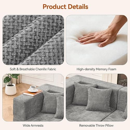 MONVANE Modular Sectional Cloud Couch for Living Room - 130'' 6 Seater Convertible Chenille Couches Set with Ottoman, No Assembly Compression Sofas, Comfy Floor Sofa with Memory Foam, Light Grey thumbnail 5