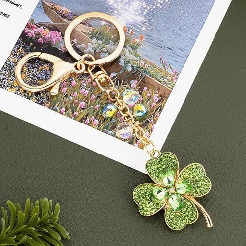 XGALBLA Sparking Cute Lucky Green Crystals 4 Leaf Clovers Key Ring Four Leaf Clover Keychain for Women Bag Charms Keychains thumbnail 3