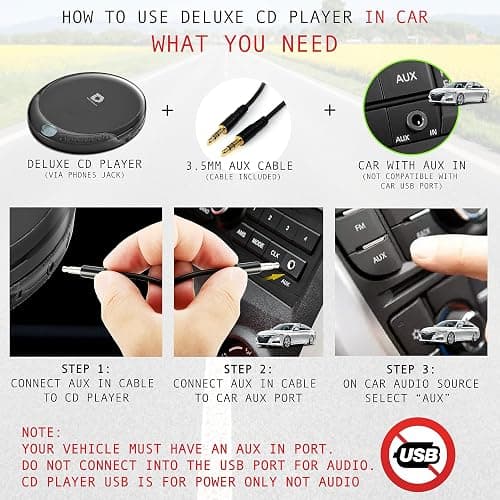 Deluxe Products CD Player Portable with 60 Second Anti Skip, Stereo Earbuds, Includes Aux in Cable and AC USB Power Cable for use at Home or in Car thumbnail 3