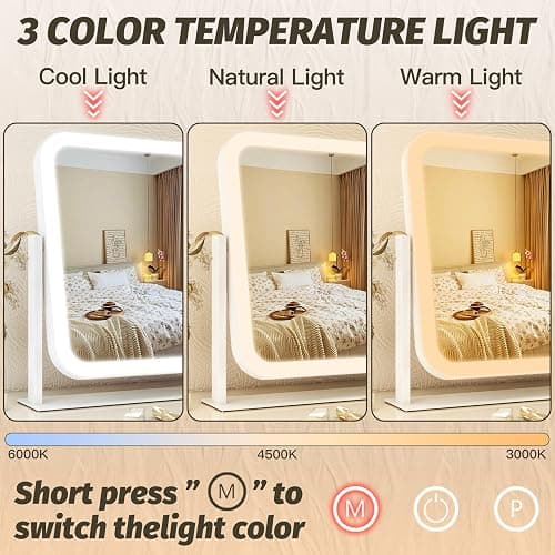 FENNIO Vanity Mirror with Lights 17''x13'' Makeup Mirror with Lights,Vanity Mirror Touch Screen with 3-Color Lighting,Dimmable,for Vanity Desk Tabletop White thumbnail 3