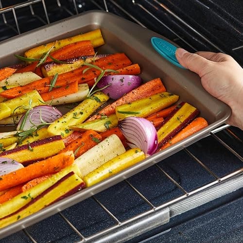 Rachael Ray 47578 Cucina Nonstick Bakeware Set with Grips Includes Nonstick Bread Pan, Baking Sheet, Cookie Sheet, Baking Pans, Cake Pan and Muffin Pan - 10 Piece, Latte Brown with Agave Blue Grips - 10 Piece - Latte Brown with Agave Blue Grips - Bakeware Set thumbnail 7