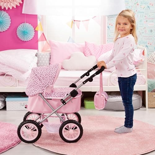 Bayer Trendy Doll Pram, Pink Animal Stroller for Dolls up to 18 in | Foldable carriage with adjustable 15-26 inch handle, matching shoulder bag, shopping basket, and protective canopy thumbnail 6