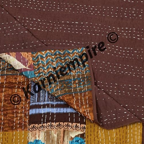 Indian Patchwork Kantha Quilt Throw Handmade Silk Sari Patola Ethnic Reversible Bohemian Bedding Bedspread Vintage Stitched Boho Gudri Blanket Bed Sofa Cover Decorative (Queen [90"X108"], Brown) thumbnail 7