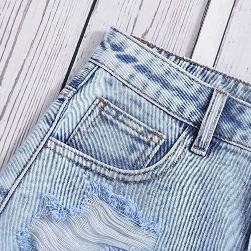 Girls Ripped Jean Shorts Button Elasticated Waist Wide Leg Denim Shorts Casual Fashion Loose Straight Leg Short Jeans with Pockets for Girls Teenagers 12-16 Years Summer Beach Holiday thumbnail 5