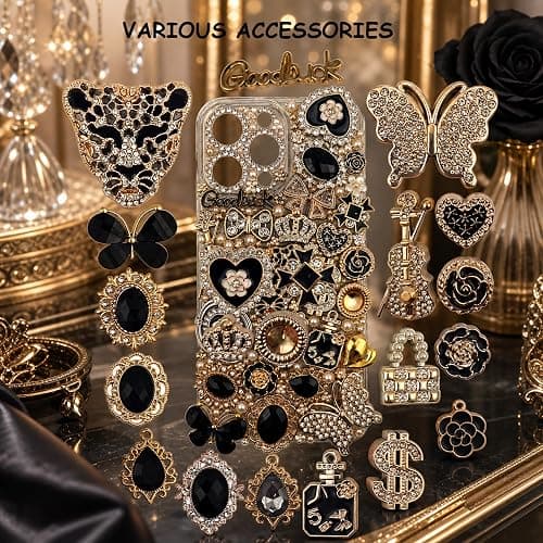 AVELICE Junk Case Large Charm Kit, Glam Black Phone Case Charms with Black Rhinestone Leopard Head,Blackk Rhinestone Butterflies&Black Alloy Flower for DIY Girls & Social Media Crafting thumbnail 5