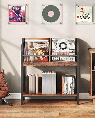 CHOEZON 2-Tier Vinyl Record Storage Holder Rack, 250 LP Albums Display Shelf, Wooden Vinyl Storage Rack with Wire Dividers for Records, CDs, Books, Rustic Brown and Black DTCW07BF thumbnail 3