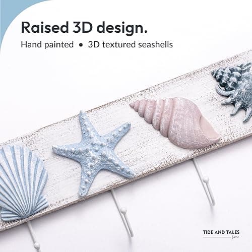 Tide and Tales Seashell Towel Rack, Beach Decor for Bathroom, Coastal Theme | 16.5", 3d Textured Seashells, 4 Strong Hooks, for Bathroom, Bedroom or Kitchen, Beach House Decor, Key Holder, Gift-Boxed thumbnail 4