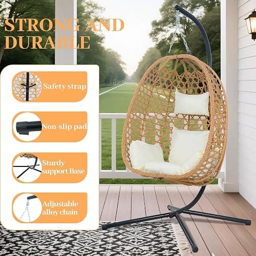 EortheX Hanging Egg Chair with Cushions – Comfortable Rattan Swing Chair with Stand for Patio, Garden, or Balcony – Stylish and Relaxing Outdoor Lounge Chair, 350LBS Capacity Indoor Outdoor (Beige) thumbnail 7