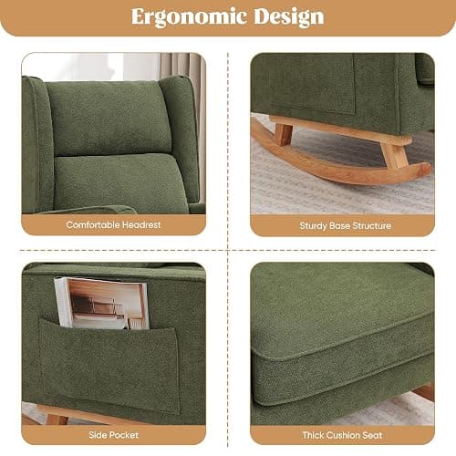HCHAIRH Nursery Rocking Chairs, Rocking Chair Nursery for Mom Nursery Rocker with High Backrest and Solid Wood Legs, Modern Wingback Accent Rocking Chair for Reading Living Room Bedroom Green thumbnail 5