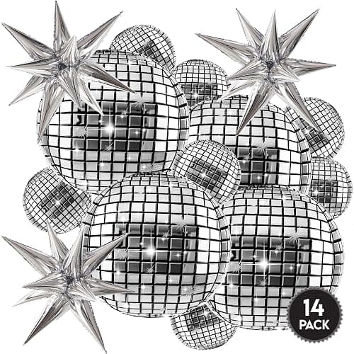 Inflatable Disco Ball Balloons Pack of 14 - 22” Silver Mylar Foil Disco Party Balloons with Star Balloons, Ribbon & Pipe for New Year's Disco Ball Decorations Party, Bachelorette, Birthday Décor - Image 1
