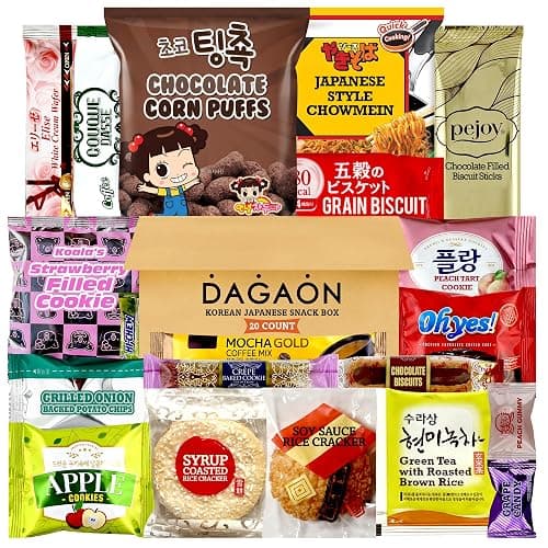 Dagaon Korean Japanese Snack Box - 20 Count. Assortment of Treats from Korea and Japan. Including Ramen, Biscuits, Cookies, Pies, Crackers, Chips, Candies. Dagashi Collection Set. - Image 1