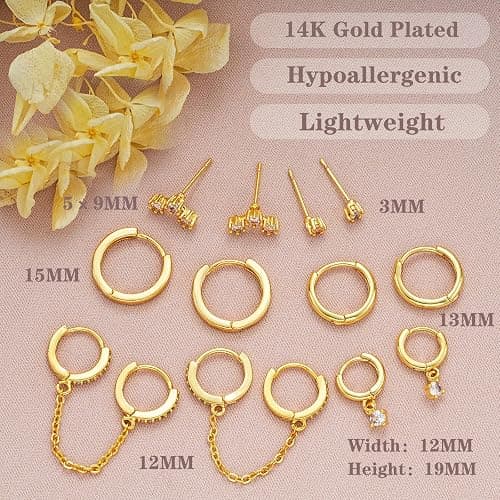 Gold Earrings Set for Women, 14K Gold Plated Stud and Cartilage Earring Sets for Multiple Piercing, Hypoallergenic Stackable Small Gold Huggie Hoop Earrings for Women Jewelry - Gold-6 Pcs thumbnail 6