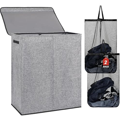 DOKEHOM 150L Double Laundry Basket with Lid and Removable Laundry Bags, Large Collapsible Laundry Hamper with 2 Sections for Bedroom, Bathroom, Laundry Room, Colloge (Grey) - Image 1