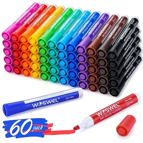 WOSWEL Dry Erase Markers, 60 Bulk Pack, 12 Assorted Colors Chisel Tip Whiteboard Markers, Chisel Point Low Odor Dry Erase Markers - Image 1