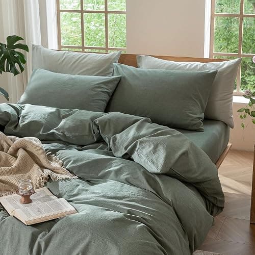 MooMee Bedding Pillowcases Pack of 2 100% Washed Cotton Linen Like Textured Breathable Durable Soft Comfy (Heathered Green, Standard) thumbnail 5