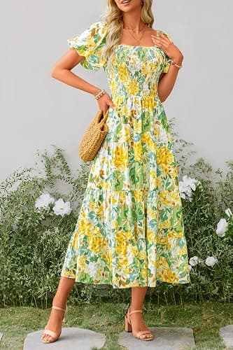 PRETTYGARDEN Women's Smocked Midi Wedding Guest Dress | Puff Short Sleeve, Square Neck A Line, Tiered Ruffle Hem, Long Dresses, Beach Vacation, Cocktail Party, Summer Outfits thumbnail 6