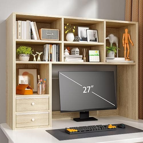 REIBII Desktop Bookshelf, High-Capacity Desk Hutch Organizer with 7 Shelves and 2 Drawers, Adjustable Bookshelf Storage, Desk Shelf for Top of Desk, Desk Hutch Dorm, Natural - Image 1