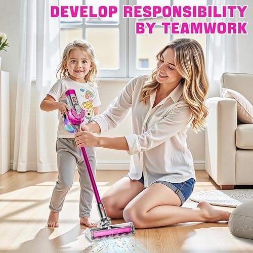 BLAXTEM 4-in-1 Kids Toy Vacuum that Works with Suction, Electric Toy Toddler Vacuum Cleaner for Children Girls & Boys, Toddlers Toys Cleaning Set for Pretend Play (Rose Red) thumbnail 5