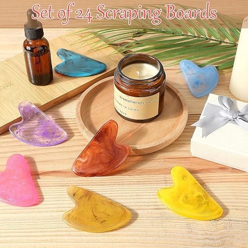 Sherr 24 Pcs Gua Sha Facial Tool Resin Gua Sha Massage Tool Heart Shaped Gua Sha Stone Guasha Board for Face Body Skin Massage Spa Acupuncture Prevent Wrinkles (Multi Colors) thumbnail 4