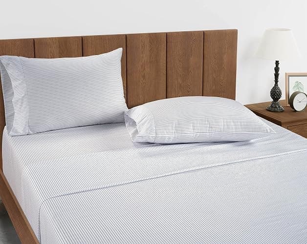 LANE LINEN Twin XL Fitted Sheet, 100% Organic Cotton 2-Piece Set (1 Fitted Sheet, 1 Pillowcase), Percale Weave, Bottom Sheet, Breathable, Fits Mattress Upto 15" Deep - Ticking Stripe (No Flat Sheet) thumbnail 3