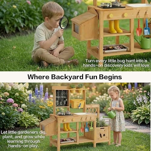Wooden Mud Kitchen for Kids, Outdoor Play Kitchen with Real Running Water Sink, Mud Table, Gravity Water Tank, Planting Box, Critter Observation Box, 12-Pc Accessory Kit, Toddler Gift, Age 3+ thumbnail 4