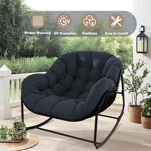 TIMWNER Papasan Rocking Chair, Oversized Egg Rocker for Indoor & Outdoor Use, All-Weather Wicker Patio Chair with Cushion & Pillow, Papasan Rocking Egg Chair for Bedroom, Garden, Dark Blue thumbnail 5