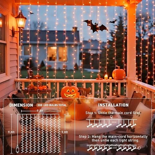 JMEXSUSS 300LED Orange Halloween Lights with Remote, 9.8x9.8ft Halloween Curtain Light, 8 Modes Orange Hanging String Lights Plug in for Fall Bedroom Thanksgiving Window Party Indoor Outdoor Decor thumbnail 6