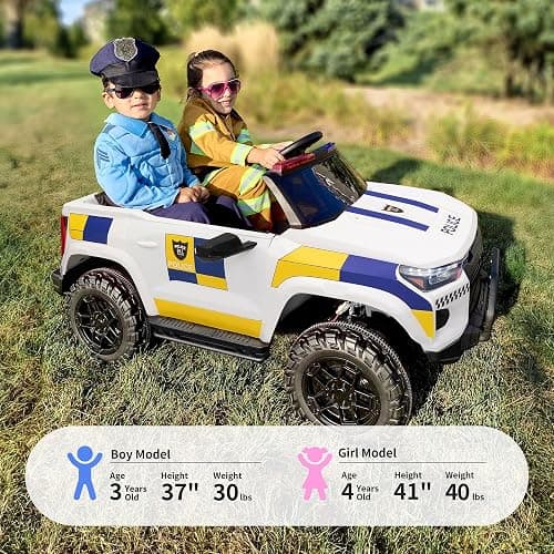 Hikiddo Electric Police Car for Kids 2 Seater, 24V 10AH Ride on Toy for Big Kids with Remote Control, 4x200W Motors, 5mph Max Speed - White thumbnail 4