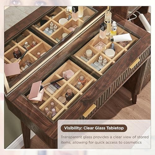 T4TREAM 48" Fluted Makeup Vanity Desk with 36" Lighted Mirror, Dark Walnut | Smart LED Mirror, Visible Glass Top, 5 Drawers & Adjustable Storage Shelves, Charging Station, Bedroom Makeup Storage thumbnail 5