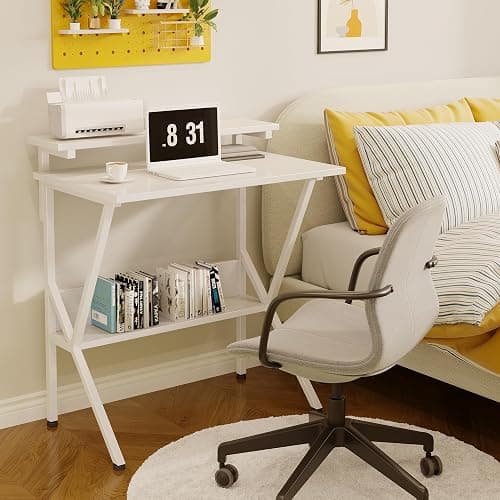 COTUBLR Small Desk, 27.5 Inch Small Computer Desk for Small Spaces, Computer Desk with Adjustable Monitor Stand, Compact Desk with Storage, Tiny Desk Study Desk for Bedroom Home Office, White thumbnail 8